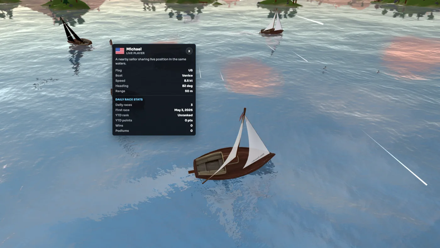 A VibeSail boat details popup open beside another sailboat on the water.