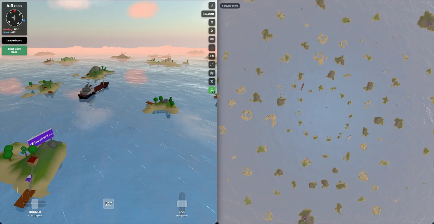 A split-screen VibeSail view showing the 3D sailing world beside the top-down island map.