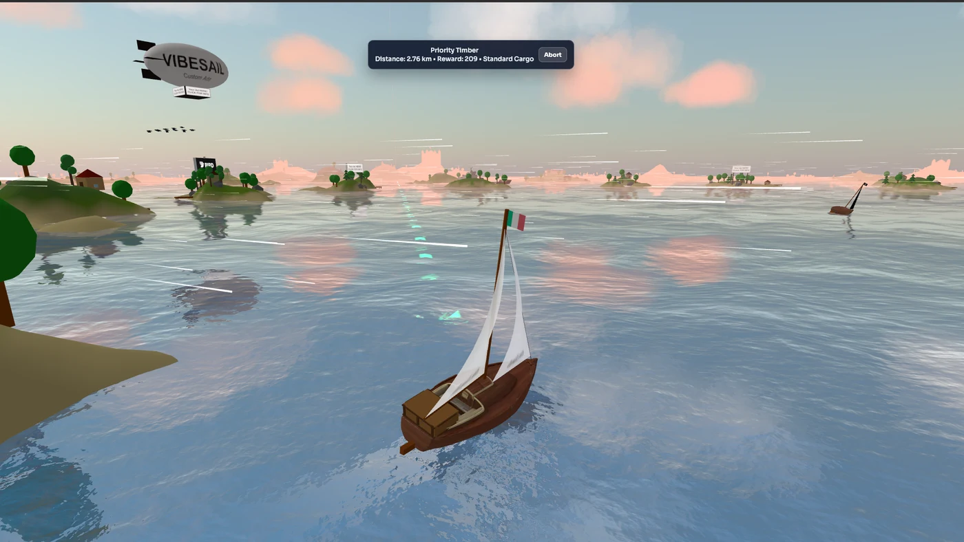 A VibeSail cargo mission route trail leading from the player boat toward distant islands.