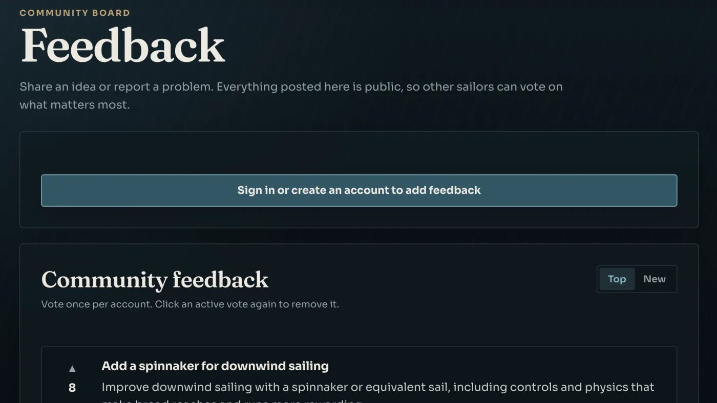 The VibeSail Feedback community board with public posts, votes, and Top/New sorting.