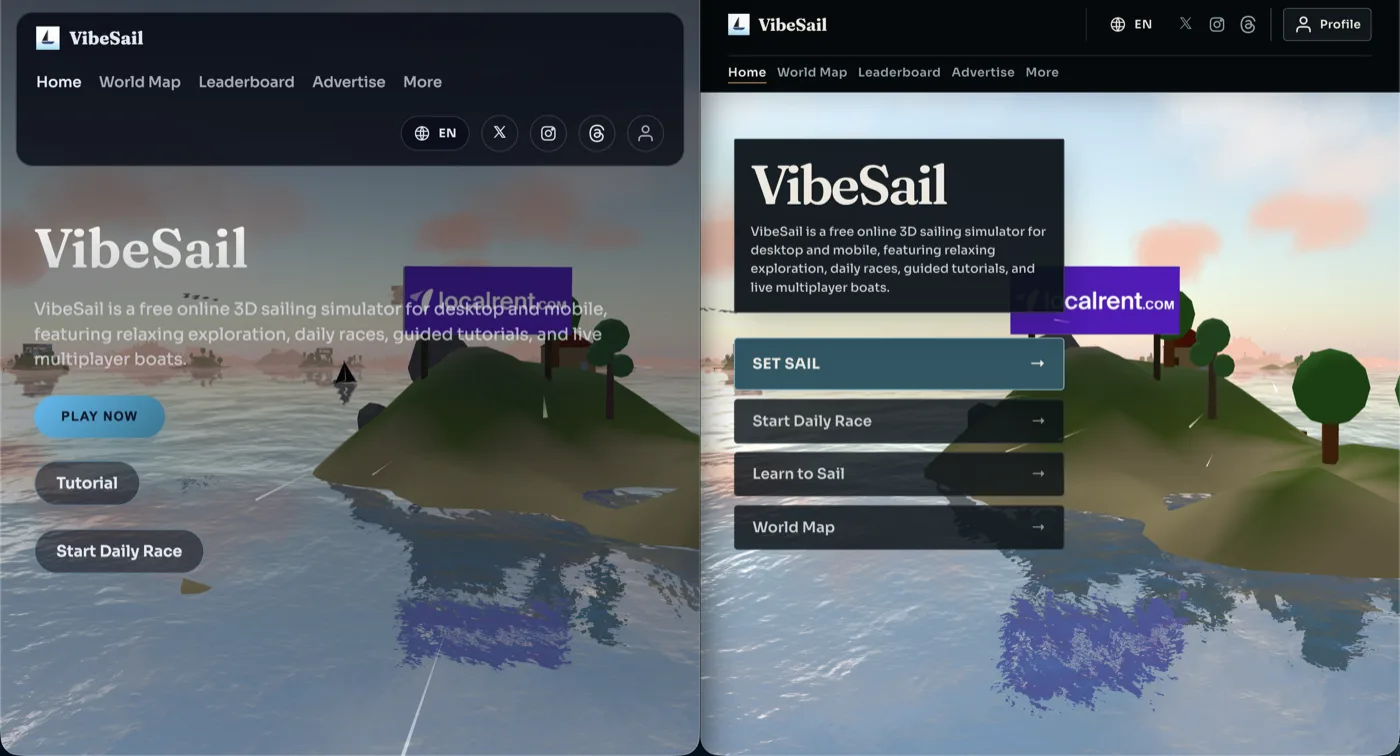 Side-by-side before and after of the VibeSail homepage, with the new title card and Set Sail actions on the right.