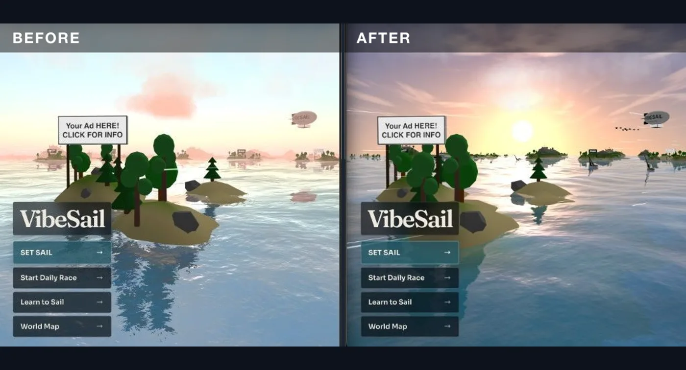 Before and after of the VibeSail title screen: milky flat water on the left, clear refractive water with a visible seabed on the right.