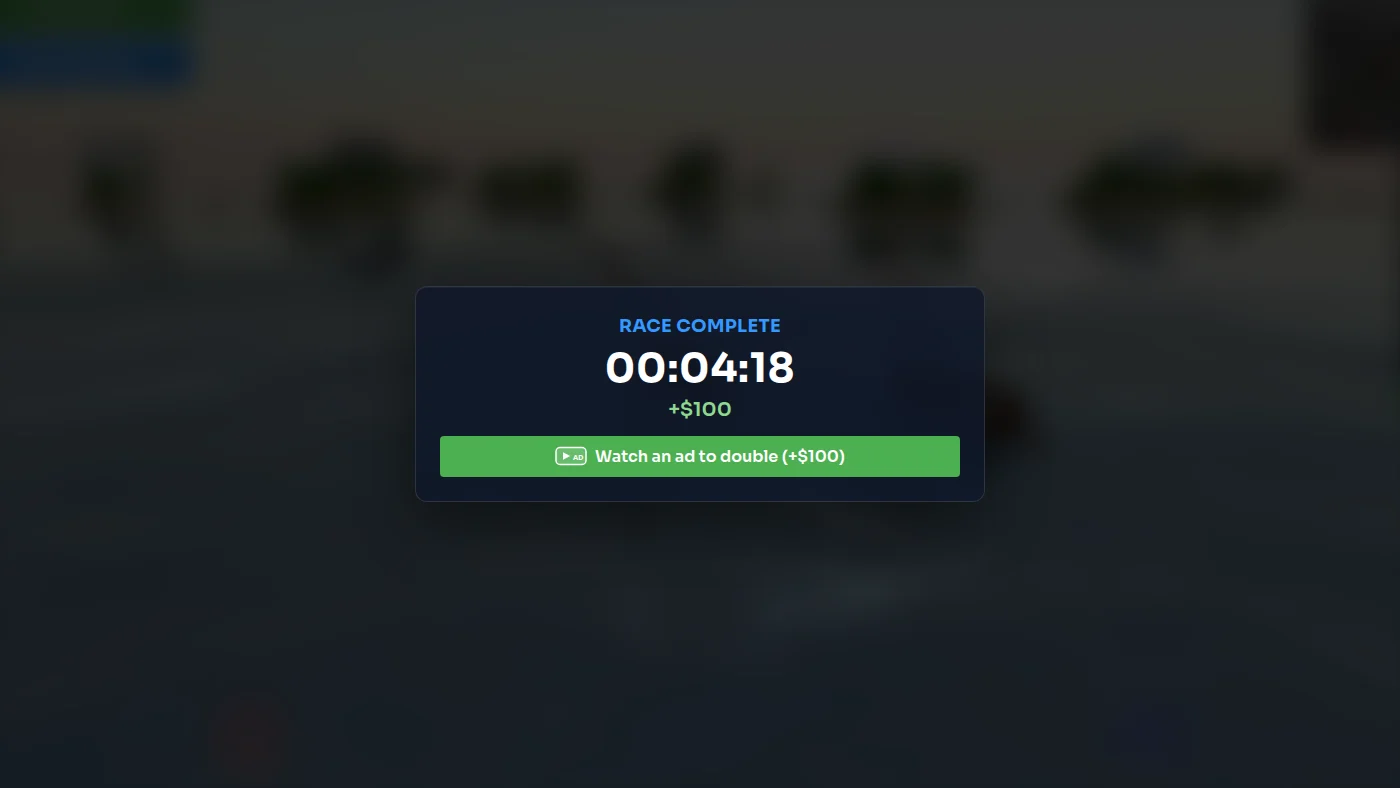 Race Complete panel with +$100 and a Watch an ad to double button marked AD.